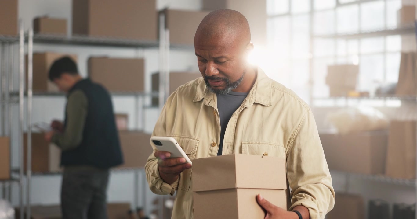 Warehouse Worker Checking Delivery Details on Smartphone