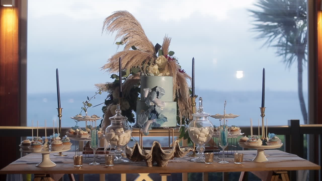 Dessert table with blue cake centrepiece