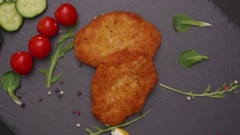 high angle view of beautifully cooked golden brown vegan schnitzel surrounded by a mosaic of garnishes tomatoes, cucumber, arugula, peppercorns, lemon on a gray slate platter