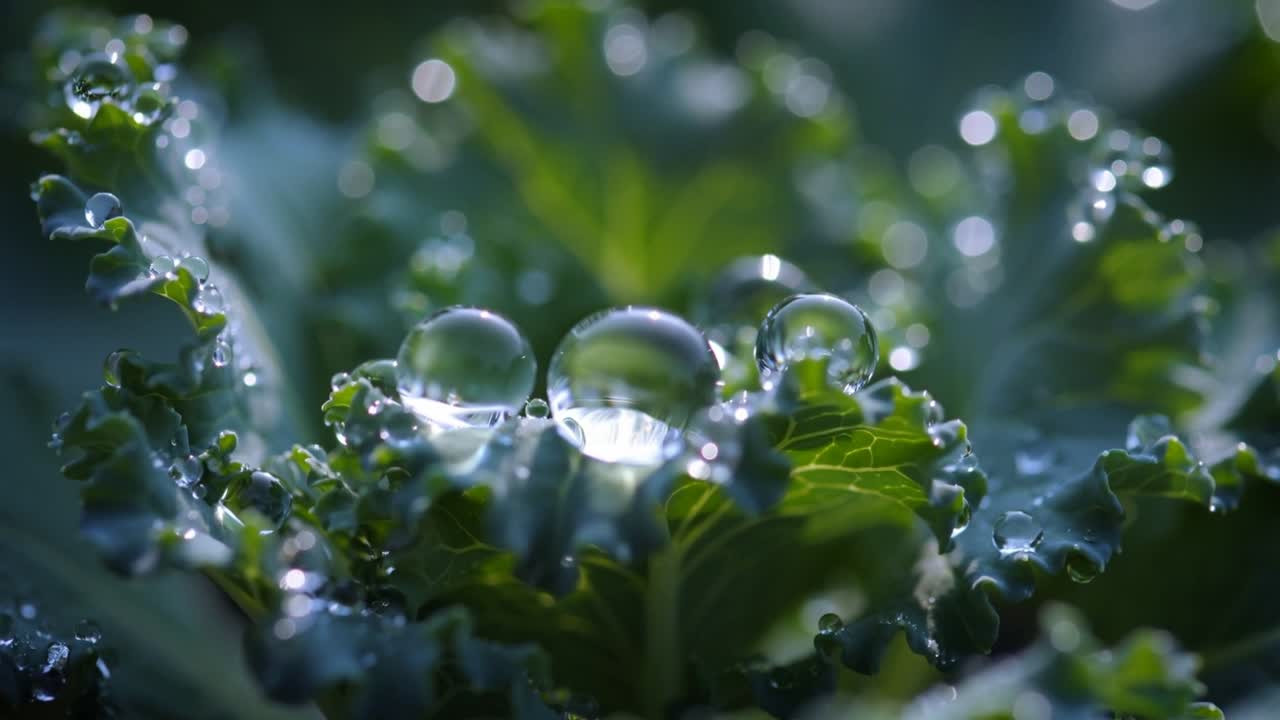 Morning sunlight illuminating kale leaf holding dew droplets in garden, with lens shifting focus