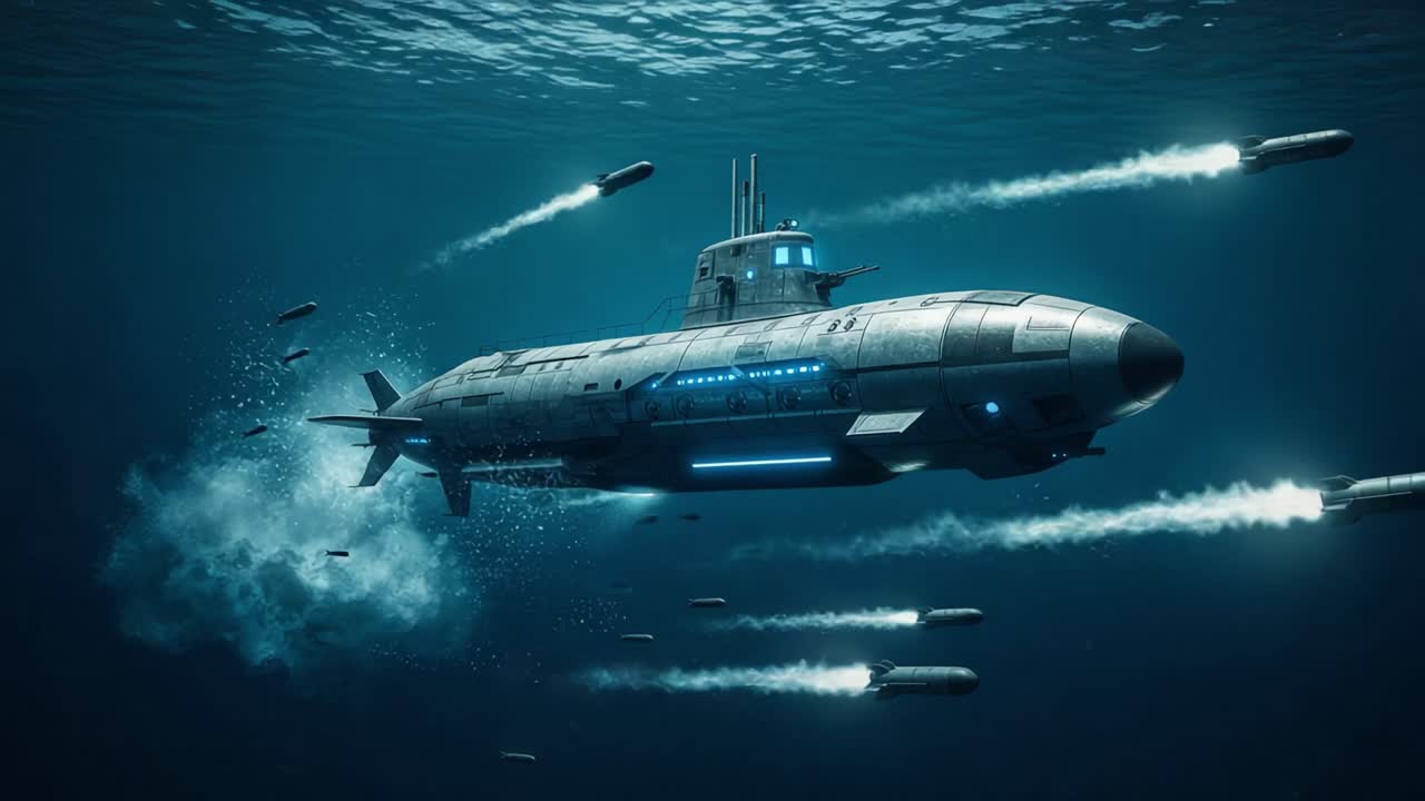 A high-tech submarine navigates the depths of the ocean while launching torpedoes, showcasing advanced naval warfare technology in a dynamic underwater environment