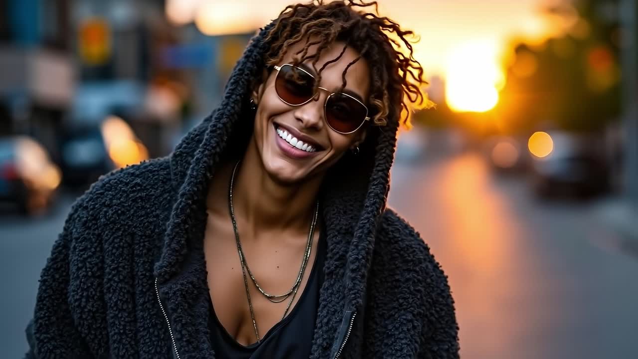 Một người phụ nữ có tóc dreadlock mỉm cười khi đang đi trên phố