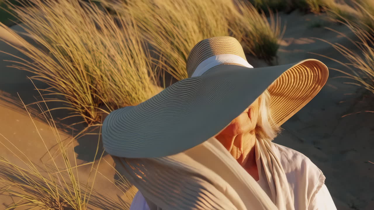 An elderly woman enjoying the golden hour on sand dunes