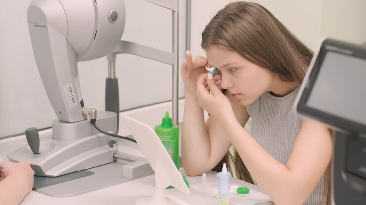 Young girl place the contact lens in the front from the mirror with doctor. Inserting contact lens. Night time contact lenses