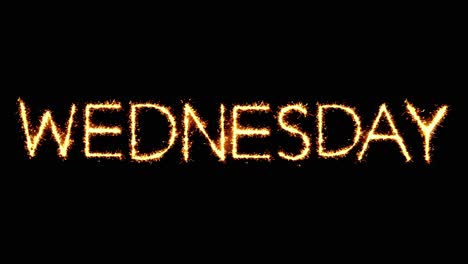 wednesday text sparkler writing with glitter sparks particles firework on black 4k loop background