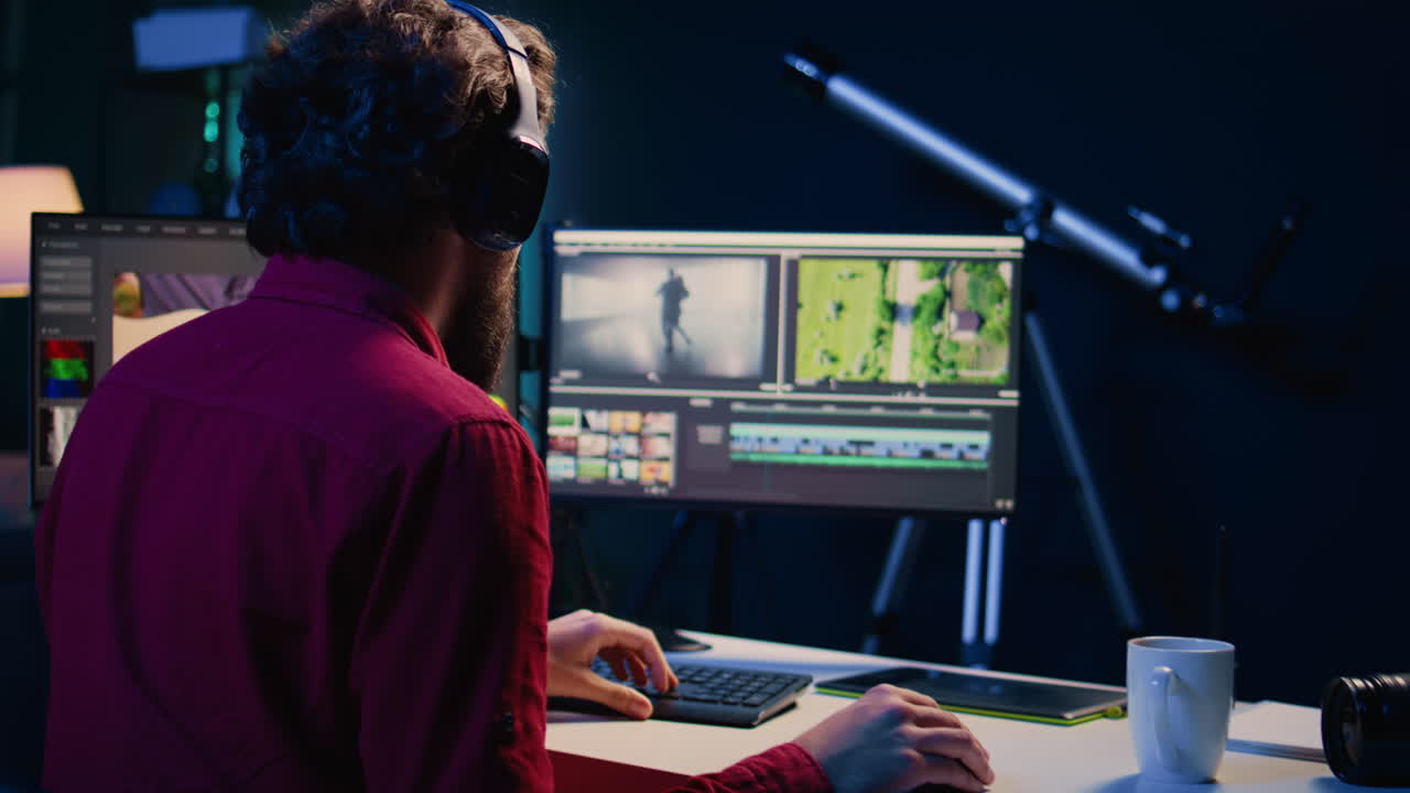 Freelancer videographer finishing project in apartment studio