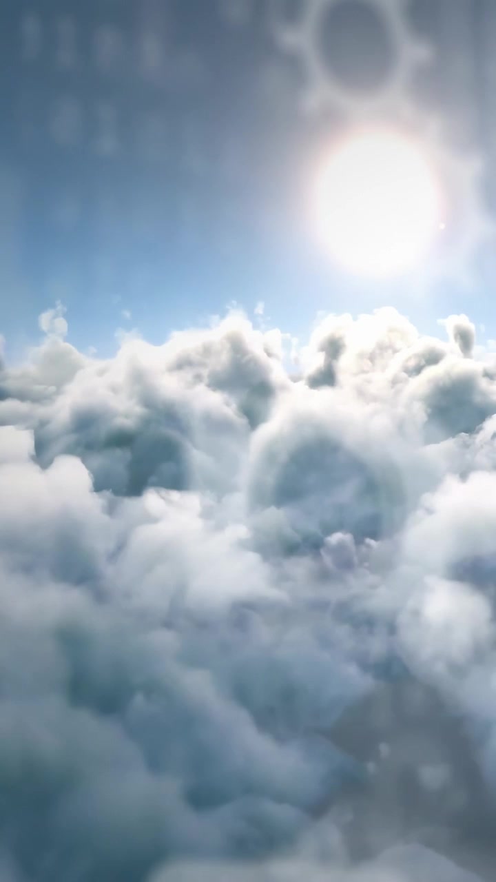 Vertical video: Aerial camera gliding over clouds, HUD tracking sun while flare shifting for tech