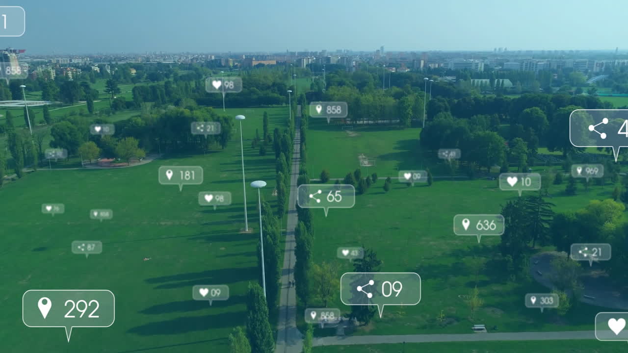 íconos de participación en las redes sociales animación sobre vista aérea del parque verde