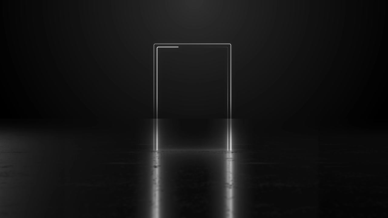 Dark studio glowing door visual with white neon outline reflective surface and empty cinematic space