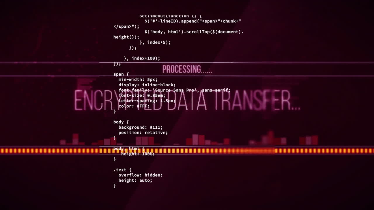 Programming code and data processing animation over red background with text ENC