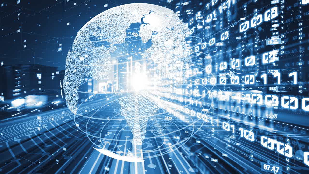 Futuristic global network and tacit digital data transfer 3D graphic