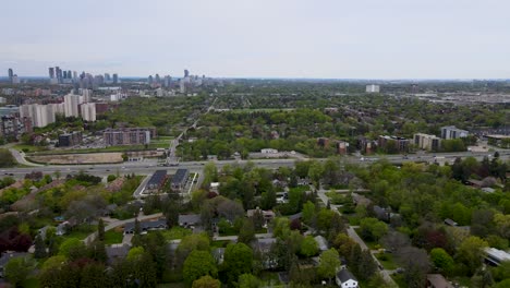 drone circling over the qew in mississauga on an overcast spring day