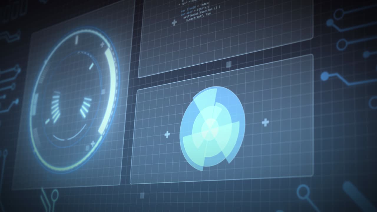 animación del procesamiento de datos y el escaneo de ámbitos en pantallas sobre cuadrícula