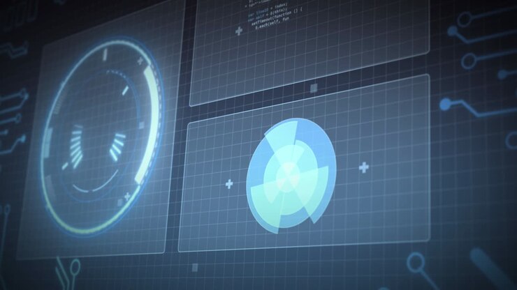 Animation af databehandling og skop-scanning på skærme over et gitter