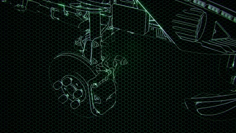 holographic animation of 3d wireframe car model with engine