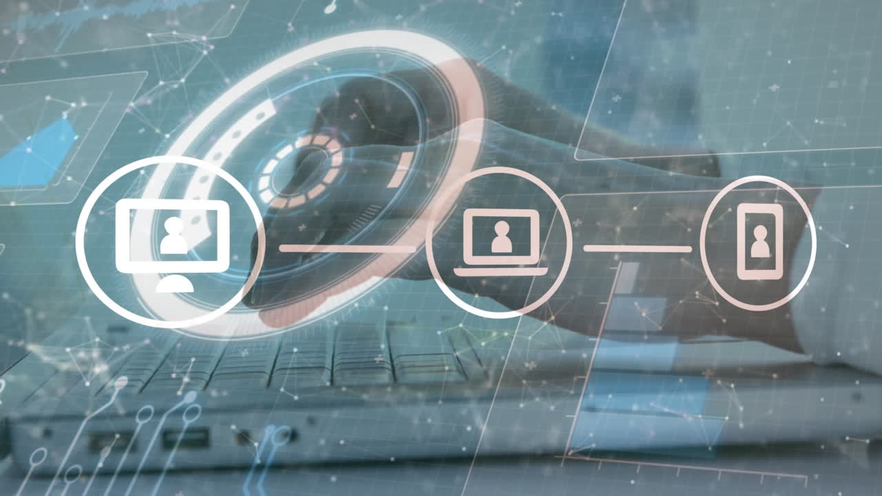 iconos de dispositivos y procesamiento de datos sobre la escritura de personas.