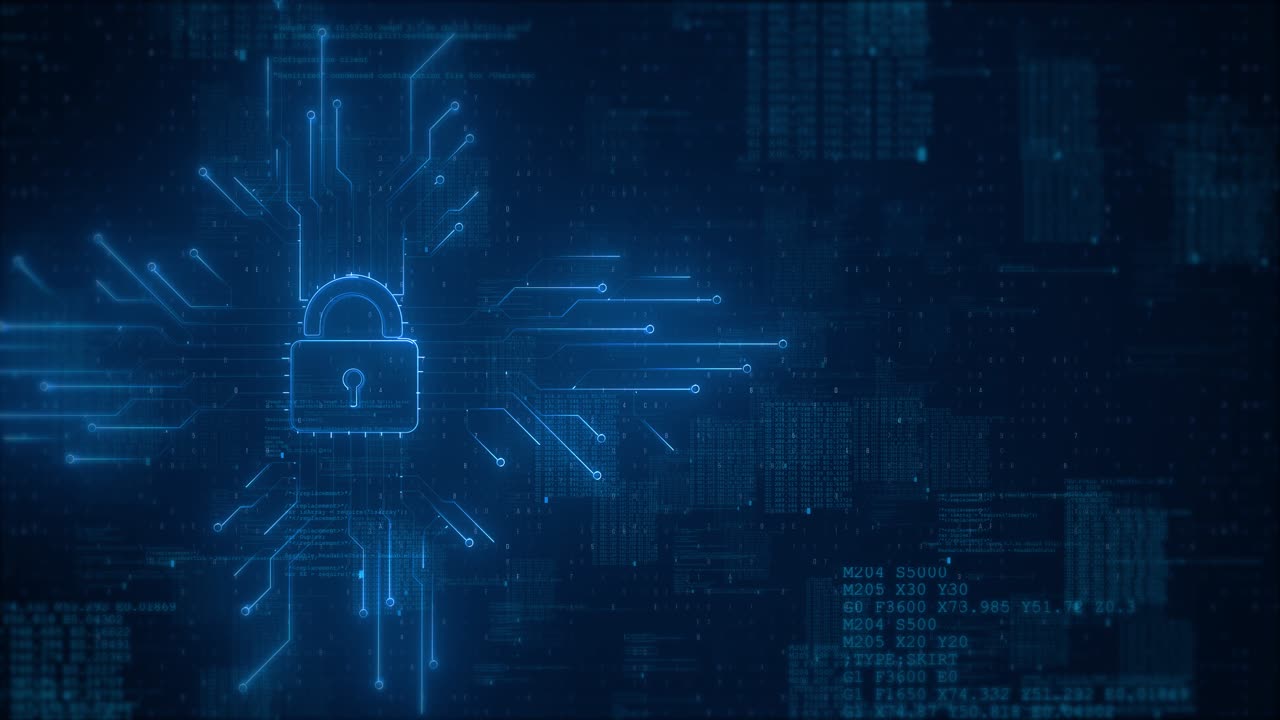 Cybersecurity shield lock icon hologram security breach computer hacking attack warning message