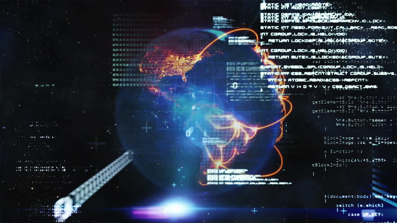 Glowing Earth with data streams and coding animation over digital background