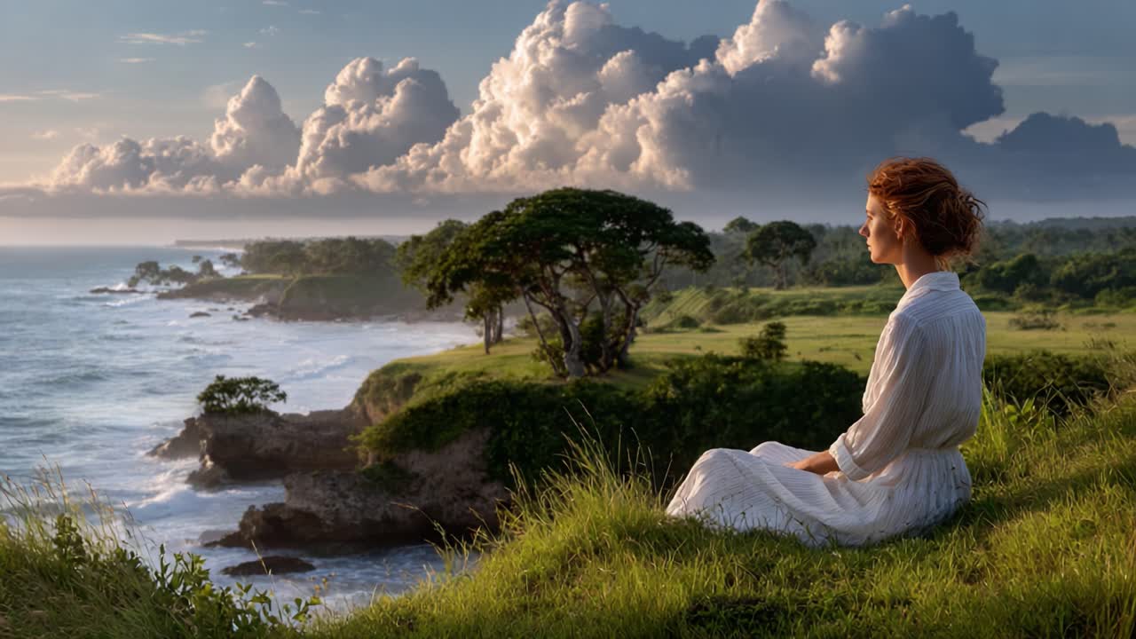 A Serene Moment by the Ocean: Capturing the Peaceful Contemplation of a Woman in Whimsical Nature Amidst Enchanting Clouds and Scenic Beauty
