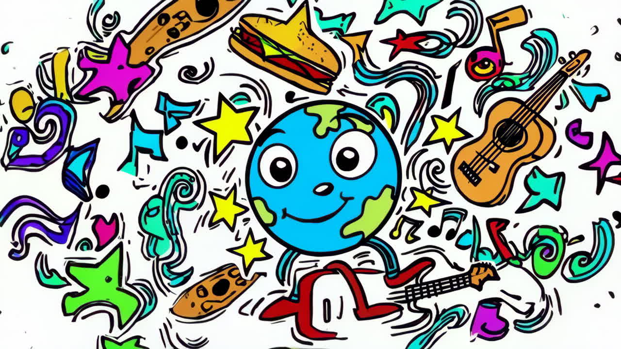Whimsical Cartoon Earth Character with Musical and Food Doodles