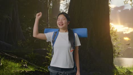 happy woman hiking in the forest