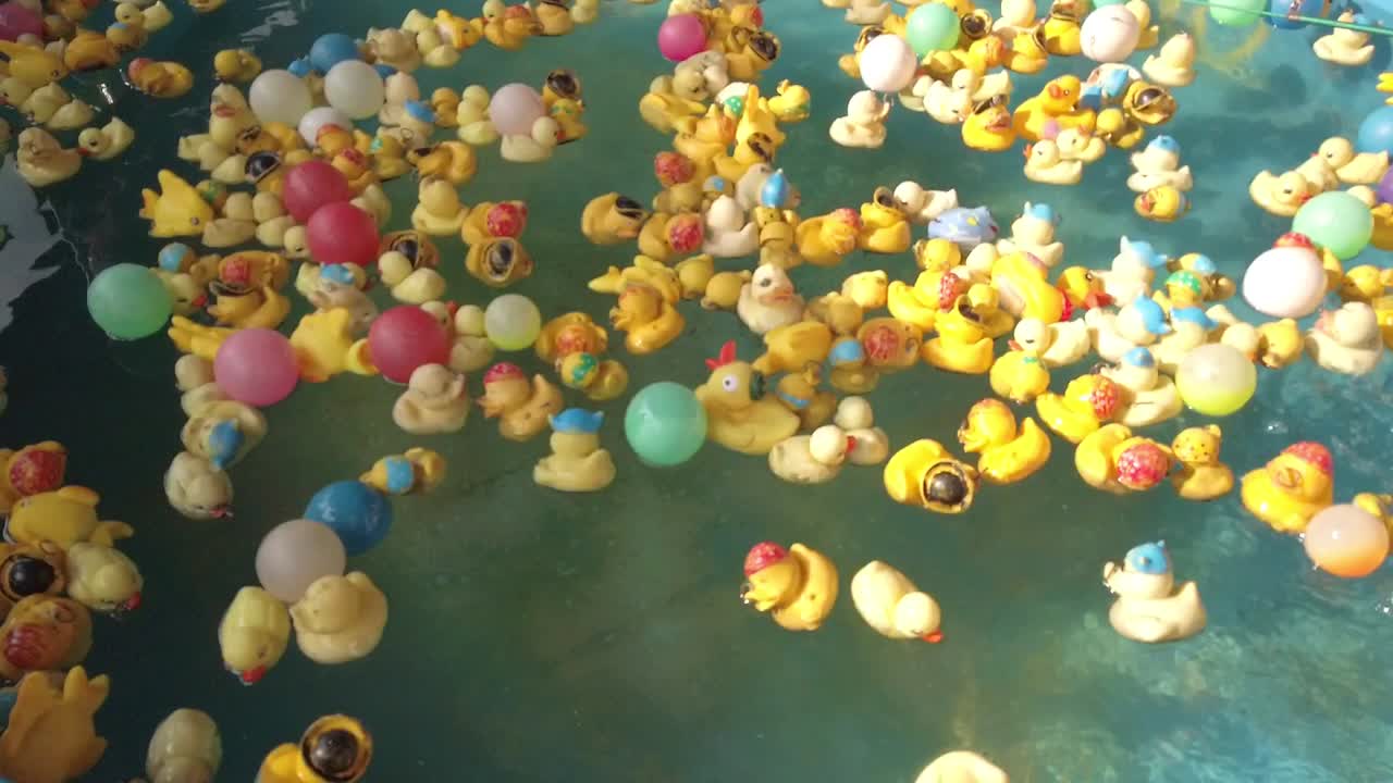 colorido juego de pesca de patos de plástico de un parque temático de diversiones