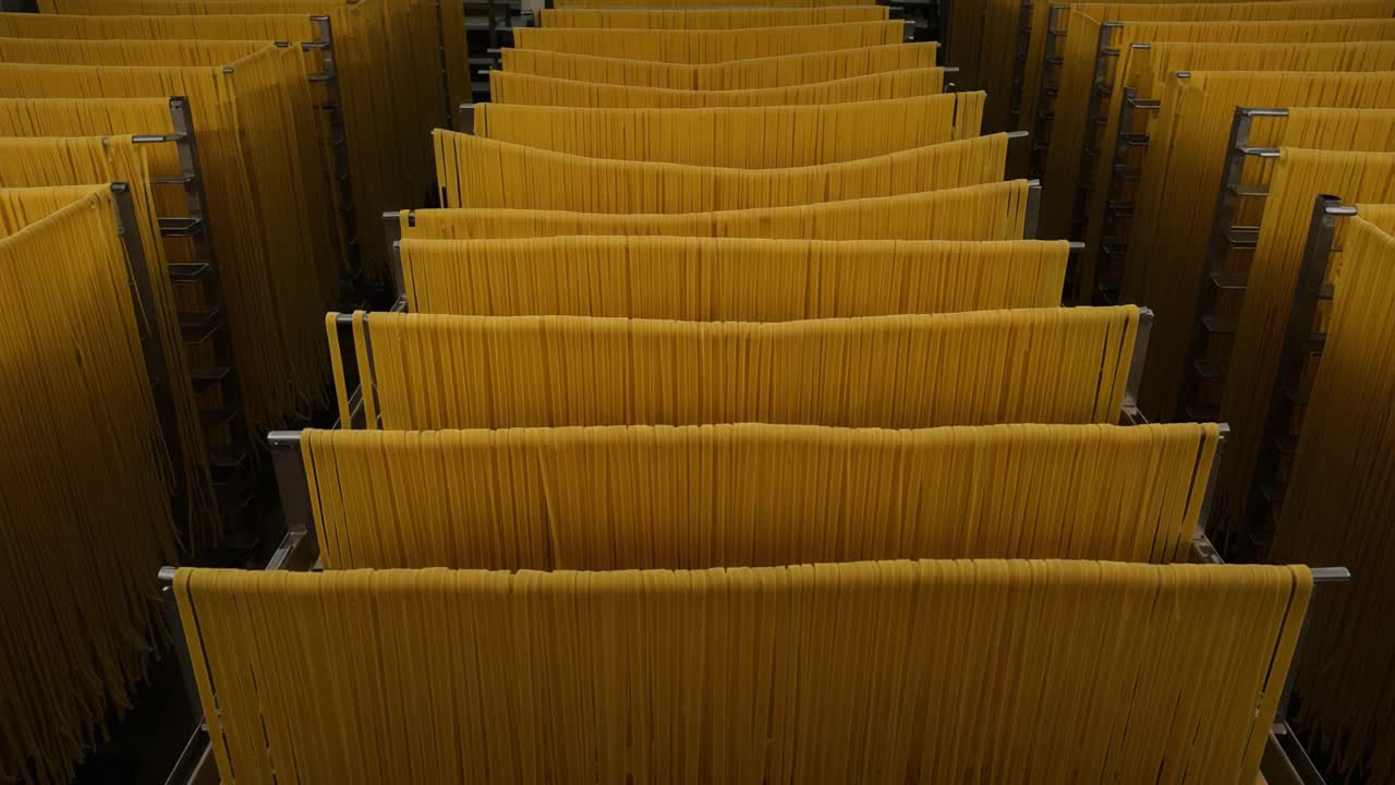An Abundance of Golden Pasta: A Stunning Overview of Drying Noodles in a Well-Organized Production Facility, Showcasing the Art of Pasta Making