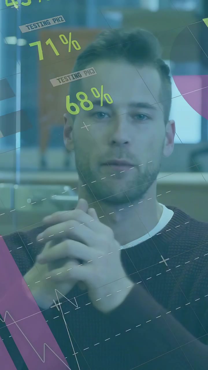 Vertical video: Man presenting raising hands and explaining finance overlay while showing 71% 68%