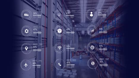 animation of icons with data processing over warehouse