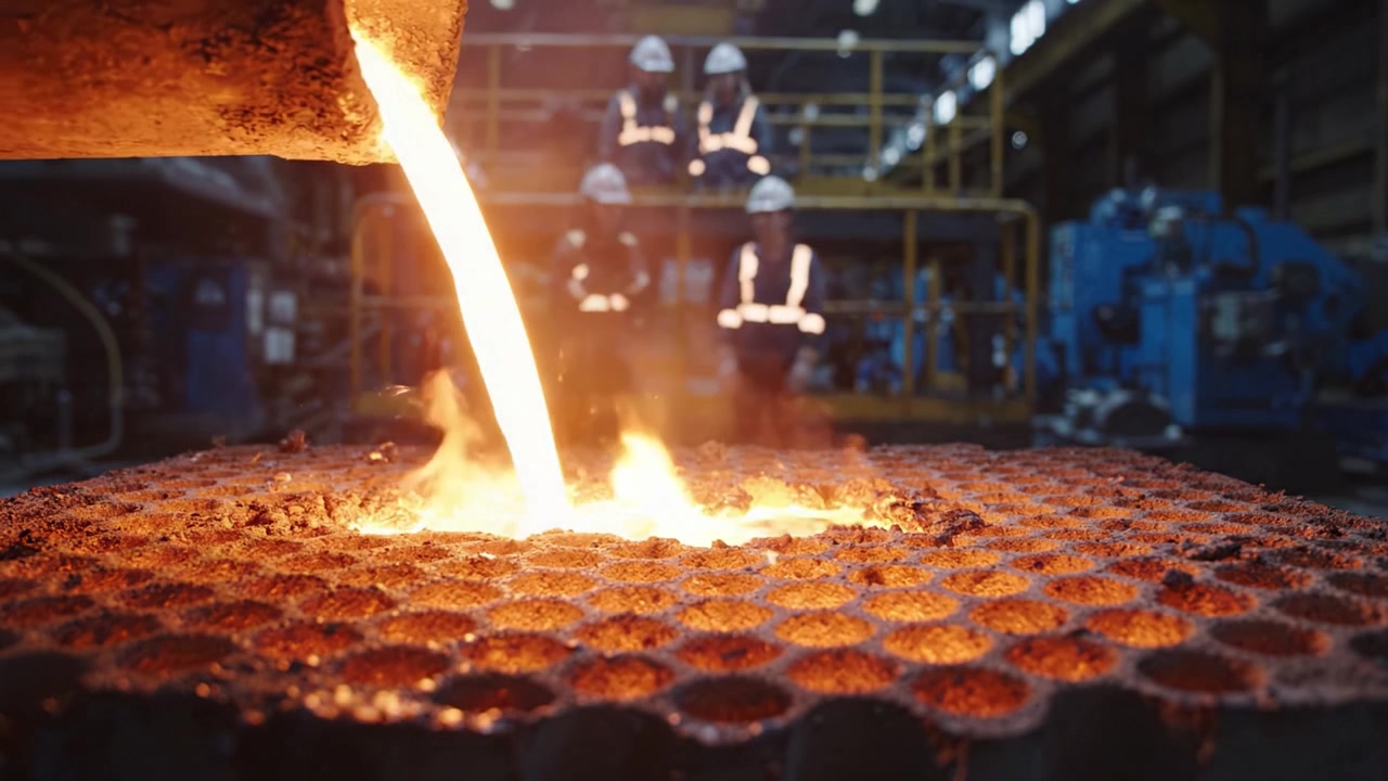 Molten Metal Poured into Mold in Industrial Foundry with Workers Observing Safety Protocols, Displaying the Heightened Activity in Metal Casting Process