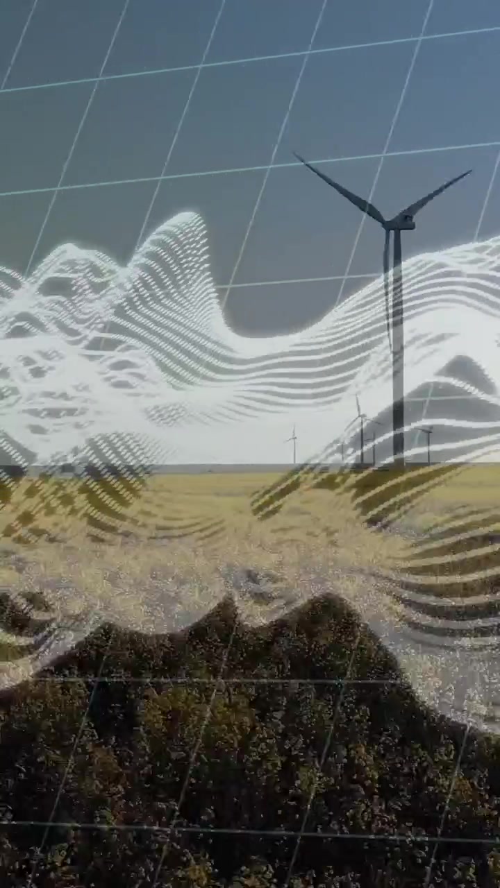 Video verticale: All'avvio, una turbina che ruota mentre una griglia e una forma d'onda si spostano, rivelando la produzione di energia.