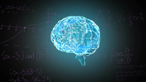 animation of glowing brain with mathematical equations in school setting