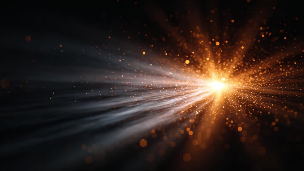Una straordinaria visualizzazione di esplosioni di luce e movimento di particelle catturati in fotogrammi, che mostra energia dinamica ed effetti radianti su uno sfondo scuro.