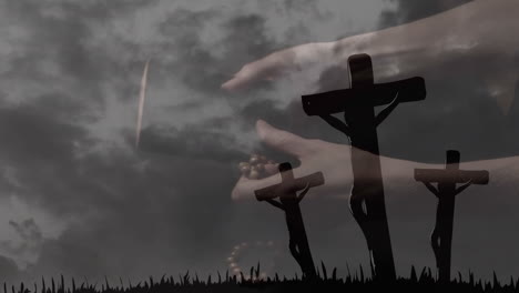 animation of caucasian woman with bible and rosary over crosses and clouds