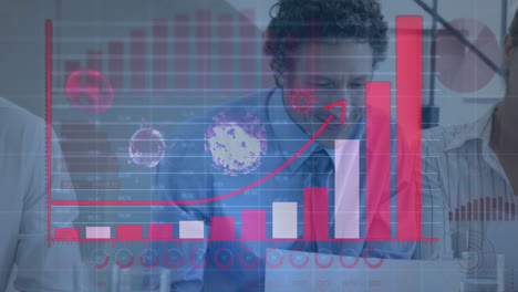 animación del procesamiento de datos estadísticos de covid-19 sobre diversos empresarios que discuten en la oficina.