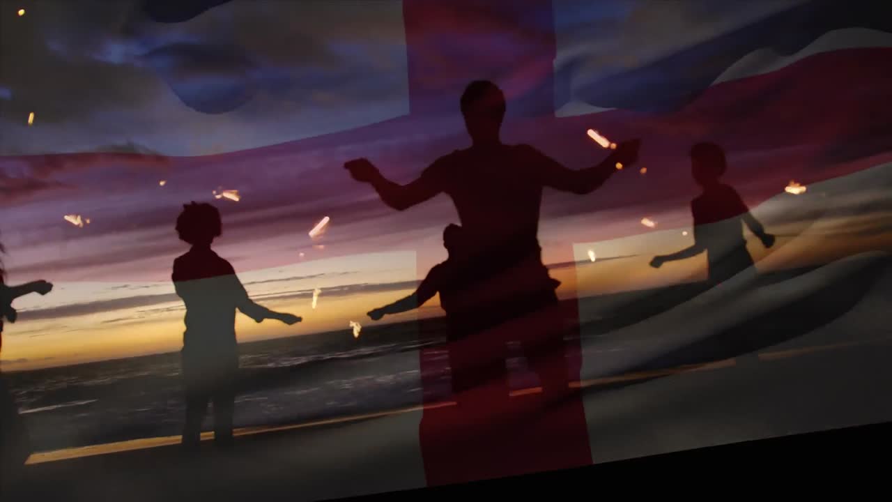 animación de ondear la bandera de inglaterra sobre un grupo de amigos divirtiéndose en la playa