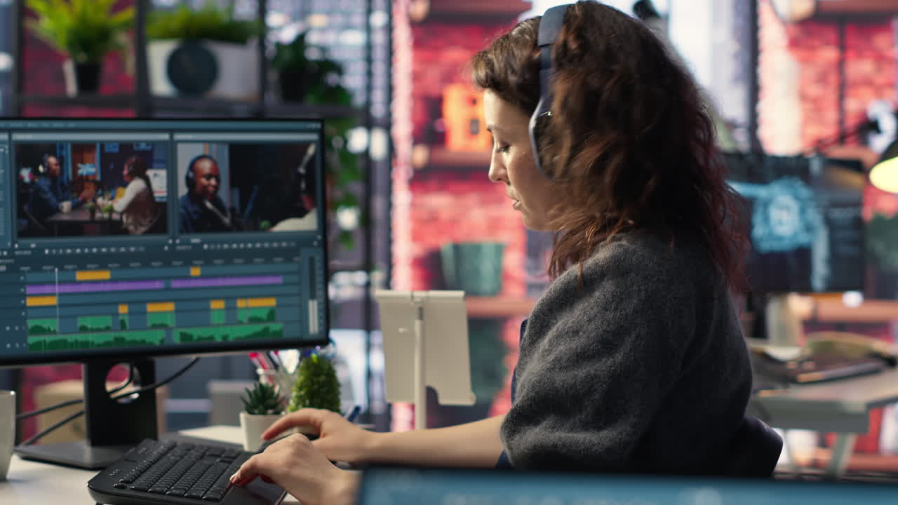 Video editor working on media post production from agency office