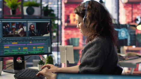 video editor working on media post production from agency office