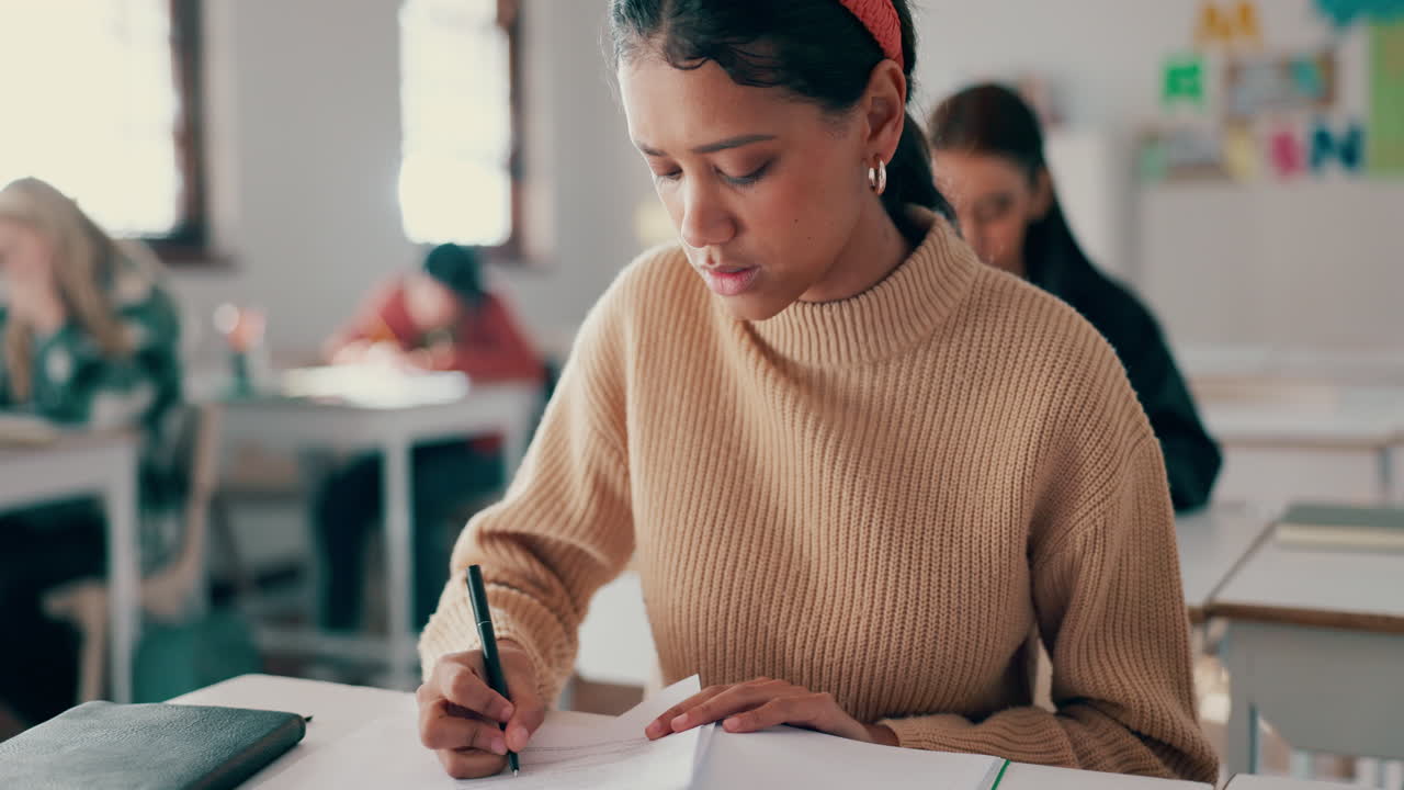 Education, student and writing test in classroom
