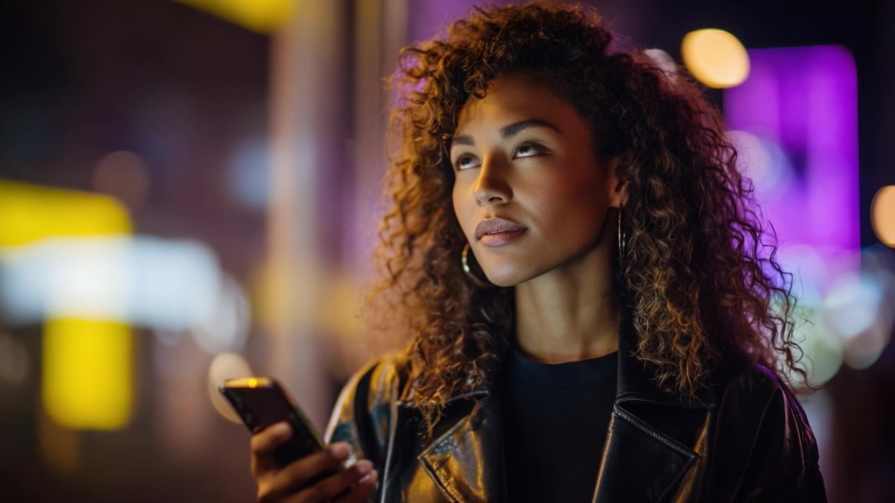 En tenksom ung kvinne med krøllete hår, som holder en smarttelefon, ser oppover blant myke urbane nattlys i en stilig mørk skinnjakke.