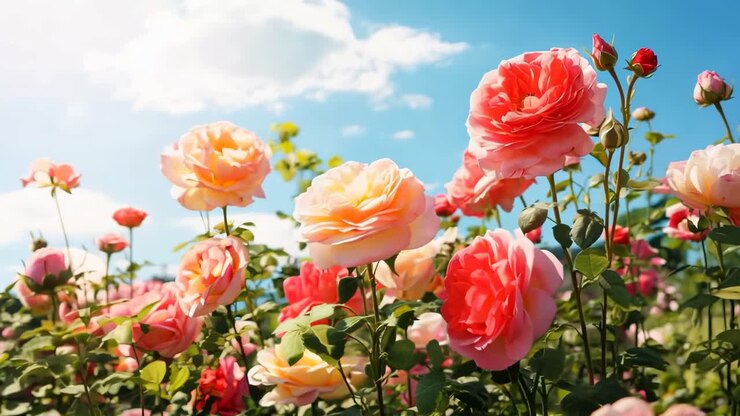 Vibrant roses in full bloom under a bright sky, captured from a low-angle, offering a cinematic feel