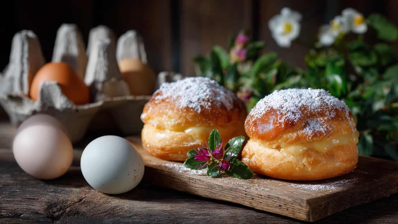 Deliziosi pasticcini ripieni di crema con zucchero a velo e fogliame fresco, esposti accanto a uova fresche e fiori in un ambiente rustico.