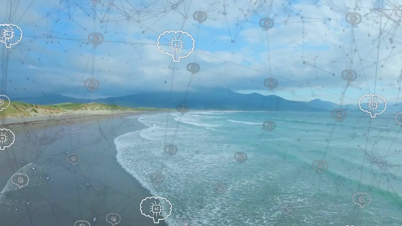 Drone starting forward pan, panning right, revealing surf, dunes with overlay mapping coastal data