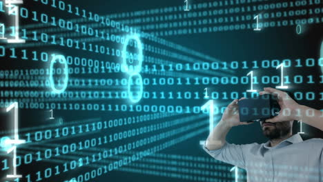 procesamiento de datos de codificación binaria sobre un hombre caucásico que usa auriculares vr contra un fondo negro