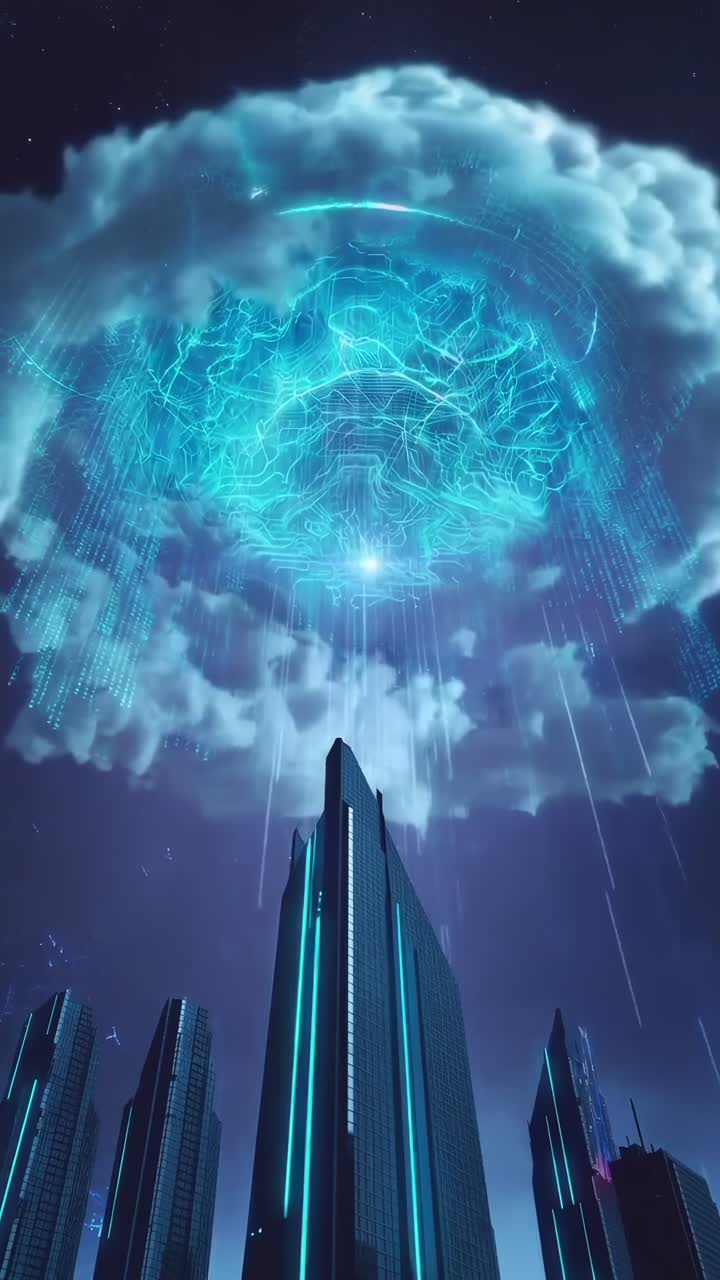 Futuristic cityscape with neon clouds, captured from a low angle, perfect for sci-fi video