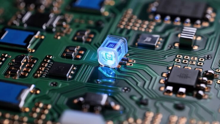 Blue Led Illuminated On Circuit Board With Glowing Diode, Traces And Tiny Components, Status Indicator