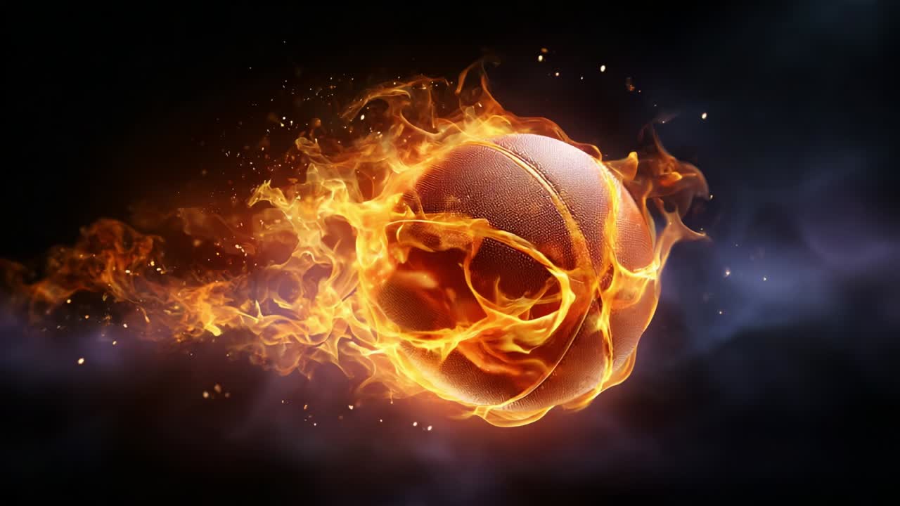A Dynamic Basketball Surrounded by Fiery Flames, Symbolizing Energy and Motion, Capturing the Intense Spirit of the Game as the Ball Speeds Through an Abstract Background, Creating a Profound Visual Impact