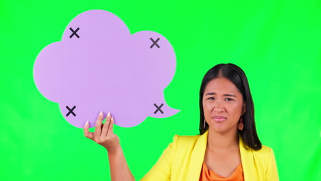 green screen, no and woman face with speech