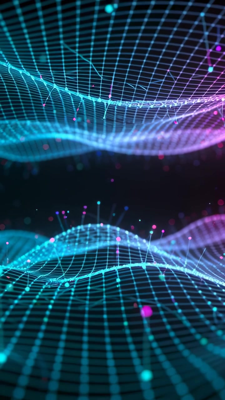 Vertical video: Starting teal grid filling lower third, mesh waves rising, pulsing spikes for depth