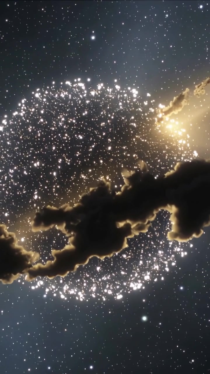 Vertical video: Drifting dark cloud crossing ring in space on start, showing lower rim, warm halo